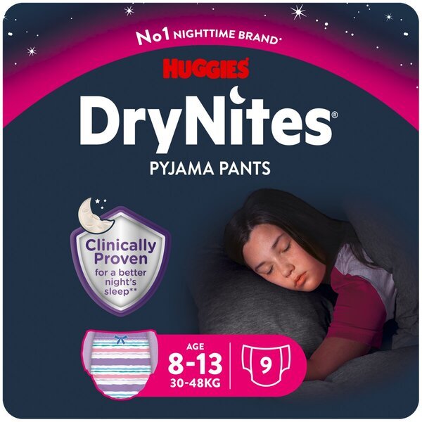„DryNites“ mergaitėms skirtos naktinės kelnaitės (8–13 metų), 8–13 metų (30–48 kg), 9 dalys
