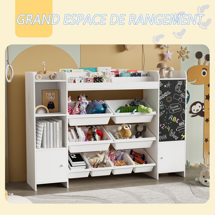 Mueble de almacenamiento de juguetes infantiles, estantería infantil con 8 cajas y estantes extraíbles, estantería infantil de 137x30x94 cm, blanca.