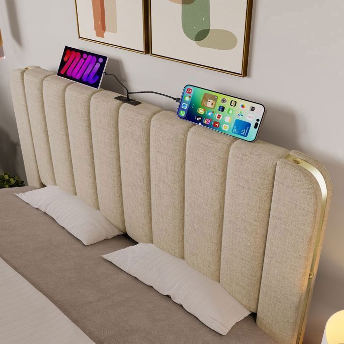 Lit coffre 180x200, 4 tiroirs coulissants lit double, sommier inclus, revêtement lin beige, ports USB, structure métal robuste
