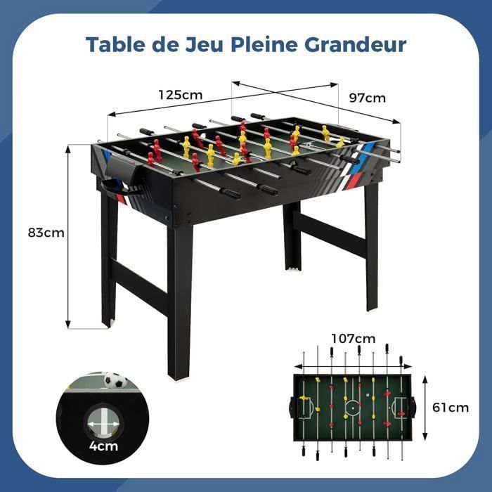 COSTWAY 4-in-1 Multigame Tafel - Kindertafelvoetbal, Pingpong, Biljart, Airhockey - 125x97x83 cm - Hout - Complete accessoires - Leeftijd 3+ - Zwart