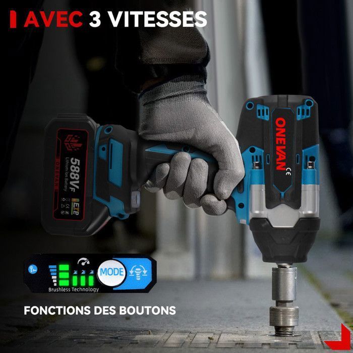 Impact wrench - ONEVAN - 1/2 inch 1000 N·m - Brushless motor - Cordless 20V - 2x3Ah + LED