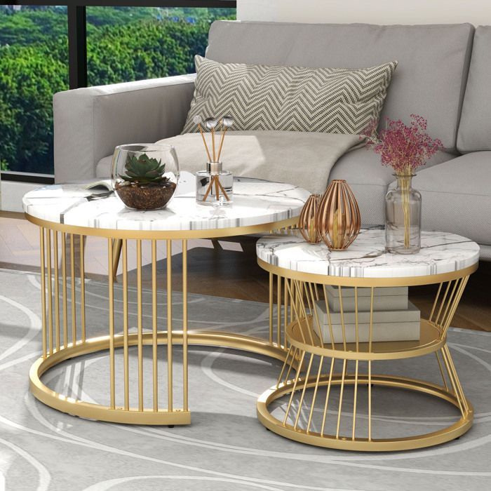 Tavolino da caffè - Set di 2 tavolini da caffè - Stile moderno - Rotondi - Bianco e oro - Tavolini impilabili - Legno di marmo e gambe in metallo - 70/45