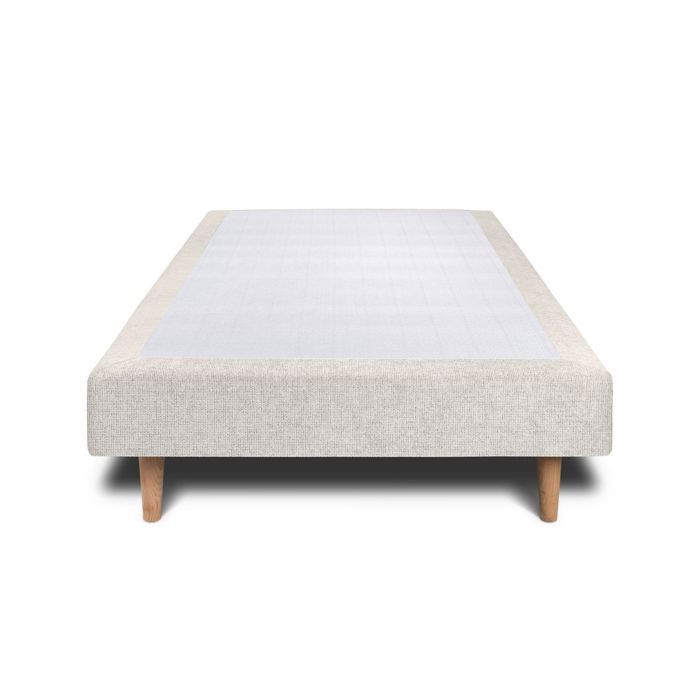 Base de cama tapizada en tela beige claro de 80x200 x 35 cm (alto) - Base de cama de madera maciza con patas de madera cónicas de 15 cm.