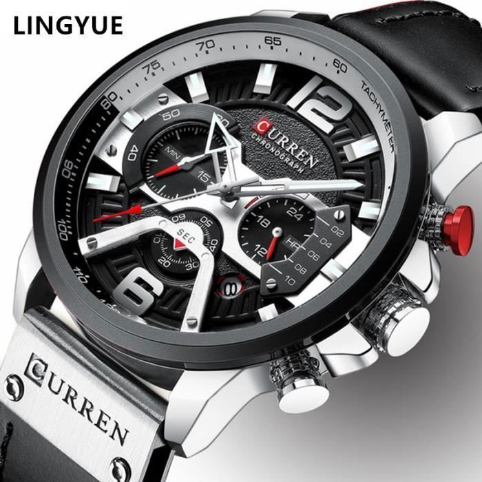 LINGYUE Luxury Men's Watch with Leather Strap and Chronograph Sports Watch - Men's Watch - Silver