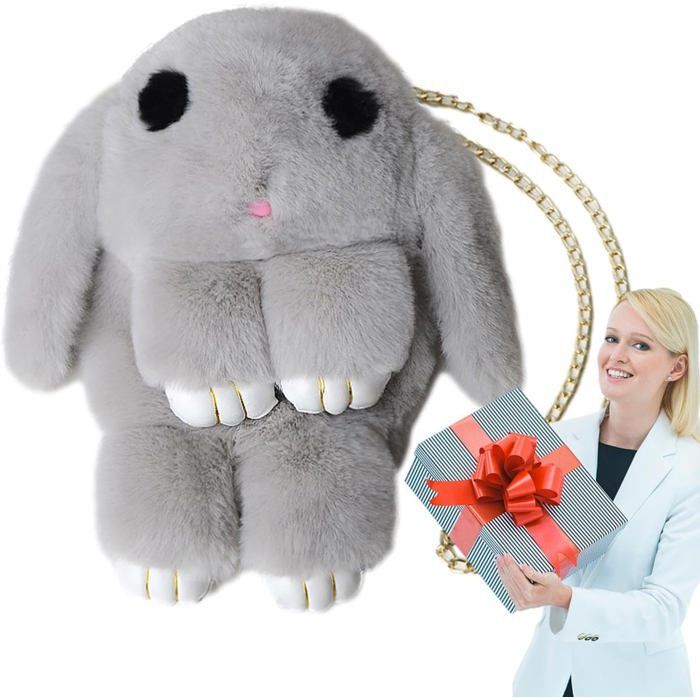 Bolso de hombro adorable, bolso de peluche para niños, bolso de animales de dibujos animados, bolso de mano de conejo de peluche, gris claro PZCC