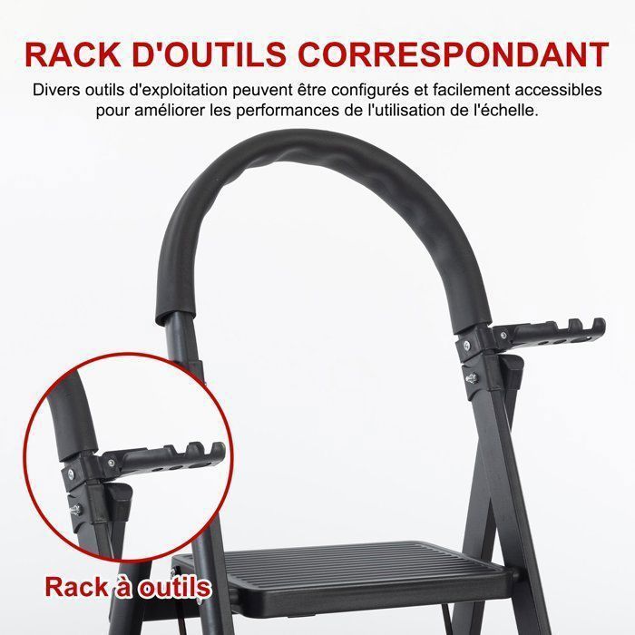Escabeau - Seven comfort - 5 Marches - Pliant - Antidérapant - 90×47×153cm(L-L-H)-Charge 150KG - En Acier- Noir