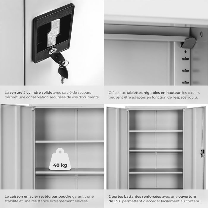 Office storage - TECTAKE - Metal filing cabinet with 3 adjustable shelves - 90 cm x 40 cm x 140 cm - Grey