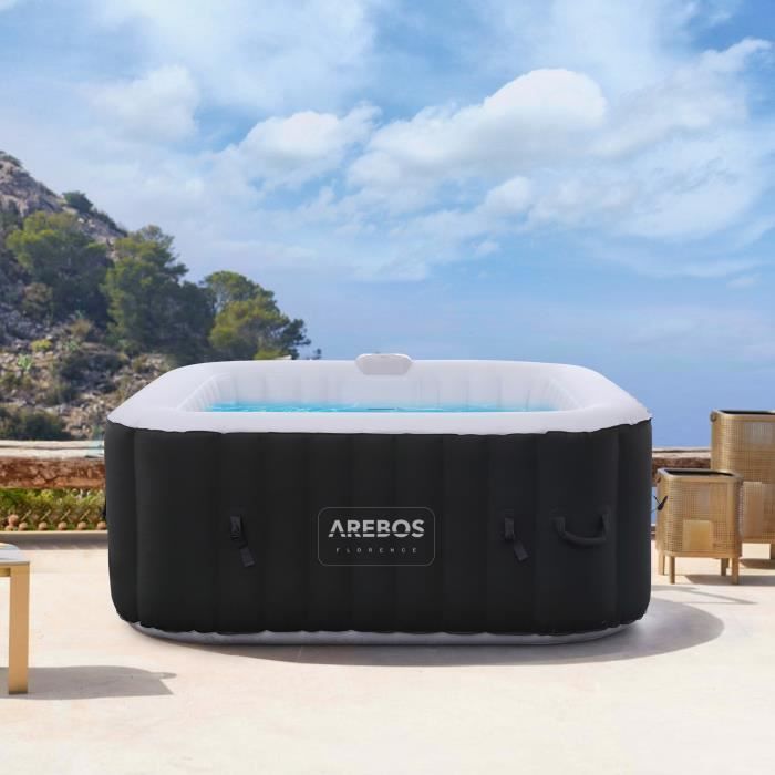 Spa hinchable AREBOS | Para uso interior y exterior | 4 personas | 154 x 154 cm | 100 chorros de masaje | Cuadrado | 600 litros