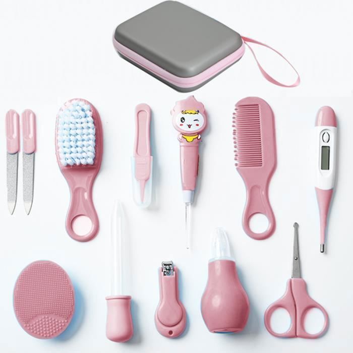 Set de cuidado para bebé, kit de 12 piezas, set de aseo para recién nacidos con termómetro - Rosa