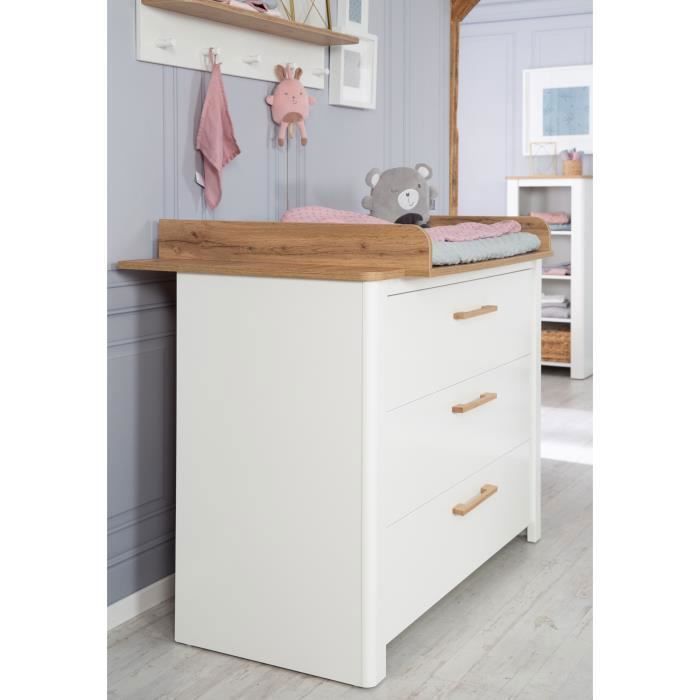 Commode à Langer ROBA Ava - 3 Tiroirs - Poignées en Bois Massif - Blanc - Aspect Chêne