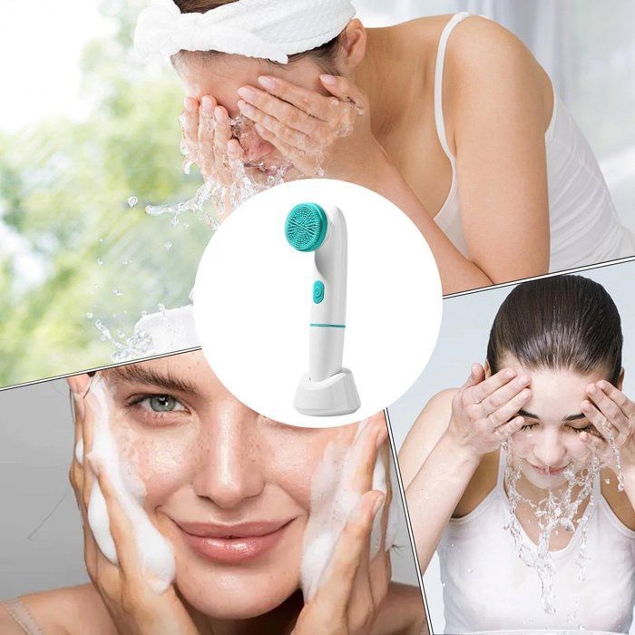 Escova de limpeza facial elétrica vibratória, recarregável e à prova d'água, ideal para uso diário em casa ou no consultório.