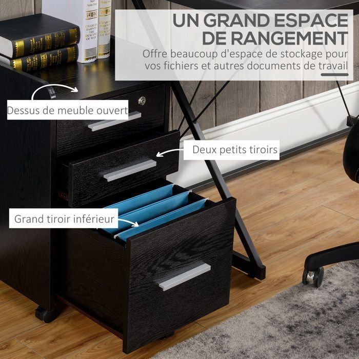 Mueble de oficina HOMCOM, escritorio con ruedas, 3 cajones (1 con cerradura), 1 organizador de archivos, madera negra.
