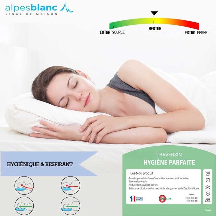 ALPES BLANC - Cojín cilíndrico de 90 cm - Antiácaros y antibacteriano - Suave y confortable - Funda de algodón - Fabricado en Francia