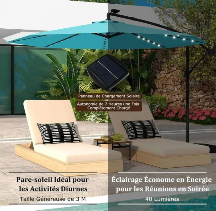 Parasol de Jardin Extérieur - RELAX4LIFE- Dia 300CM - 40 LED - 8 Baleines - Incliné 35°- Pied en Croix - Parasol Déporté -Turquoise