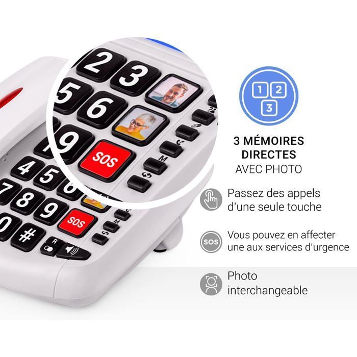 Téléphone fixe senior grandes touches - SVATV - Amplificateur volume auriculaire - Compatible appareils auditifs