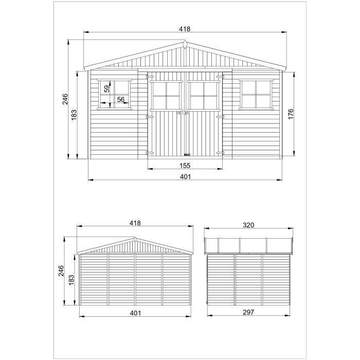 Caseta de jardín de madera TIMBELA de 12 m² - 418 x 318 cm - 17 mm de espesor - Construcción de paneles - Suelo incluido - M331+M331G