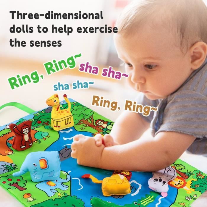 Jouet Montessori - AQSACOKIYA - Livre d'animaux de jungle - 6 animaux - Tapis de jeu - Sac de rangement
