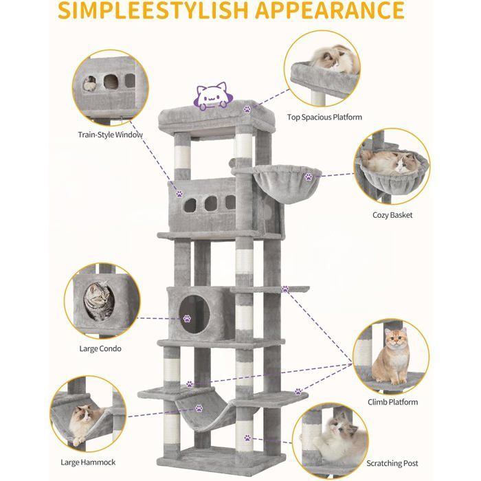 Árbol rascador grande para gatos de 170 cm, ideal para gatos grandes, con percha grande, alfombrilla lavable, 2 cuevas para gatos, 8 postes rascadores, color gris claro.