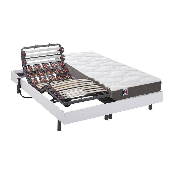 Cama eléctrica de relajación con somier de láminas y muelles + colchón de látex 100% de 3 zonas - 2 x 80 x 200 cm - Blanco - MENELAS by YSMÉE