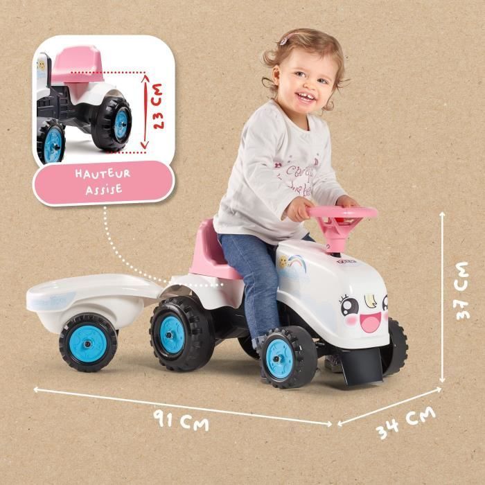 Rainbow Farm Ride-On Tractor - FALK - Steering Wheel with Horn - White and Pink - 100% Made in France - Ages 12 Months+