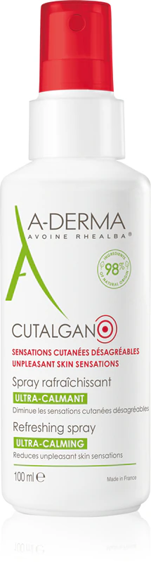 Spray refrescante A-Derma Cutalgan, spray calmante para irritação e coceira na pele.