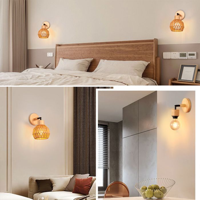 SNOGOLD Vintage Binnenwandlamp, Rotan en Houten Wandlamp, Verstelbare E27 Plafondlamp voor Woonkamer of Hal, Bruin