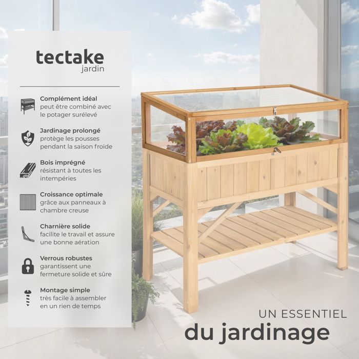 Carré potager - TECTAKE - Serre de jardin pour carré Potager en bois et polycarbonate 115 cm x 53 cm x 34 cm