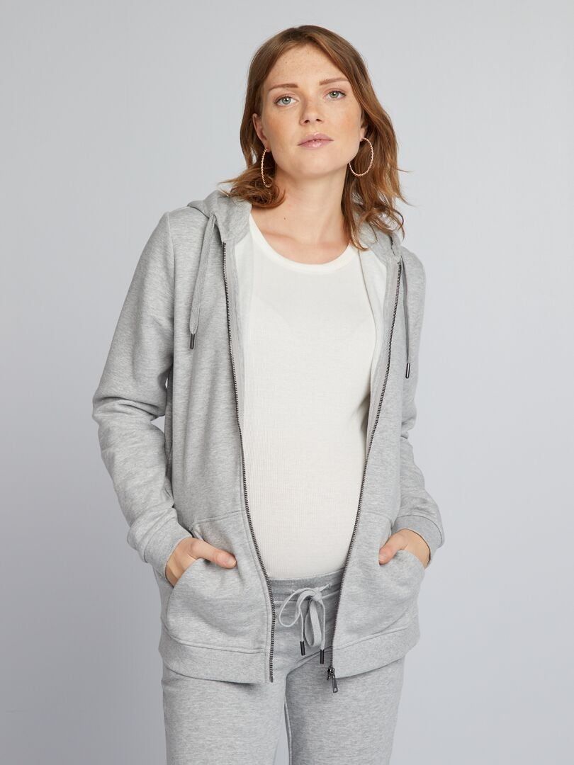 Blusa de moletom com zíper para gestantes em tecido fleece - CINZA