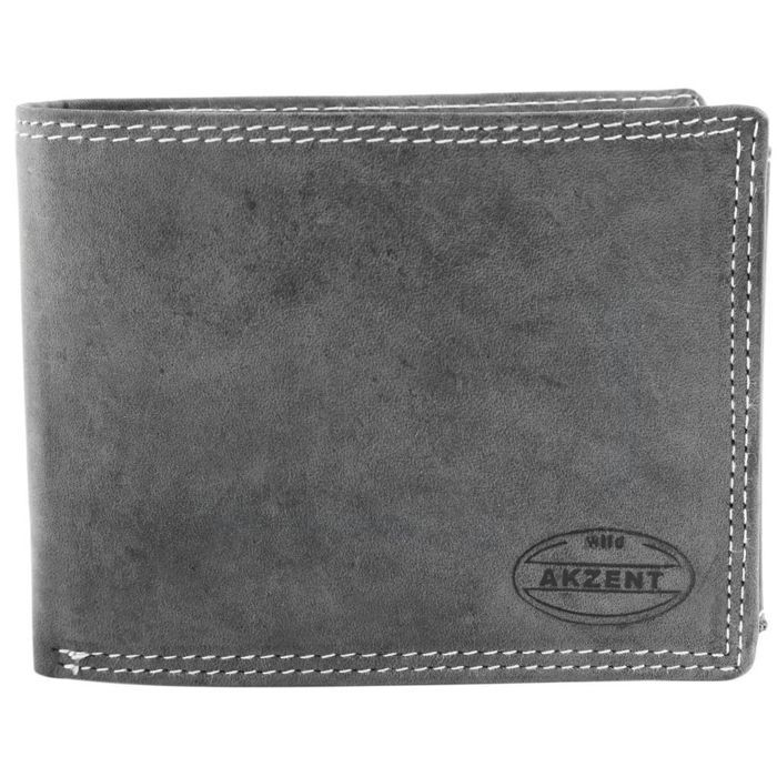 Portefeuille homme - AKZENT - Aktar - Cuir véritable gris - Format horizontal compact - 11 fentes cartes