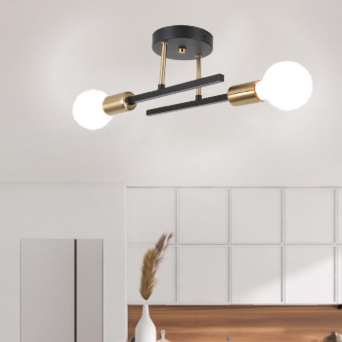Lámpara de techo industrial retro WOTTES, 2 cabezales E27, aplique de pared escandinavo - Negro y cobre - 1 unidad para pasillo de loft