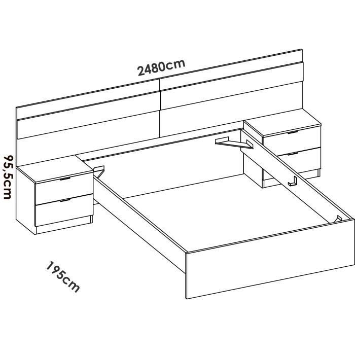 Cama adulta NIZA con mesillas de noche integradas - 140 x 190 cm - Roble natural / Blanco