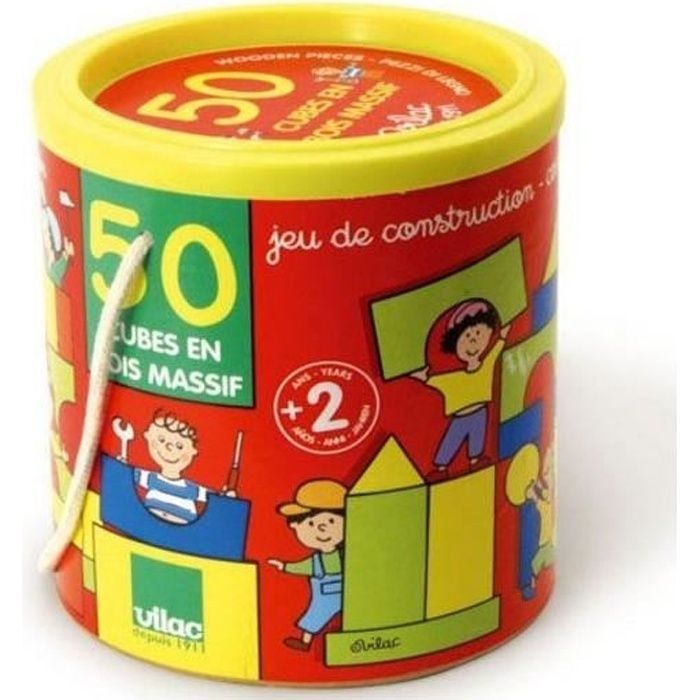 Jeu de construction en bois - VILAC - Batibloc 50 Cubes - Mixte - A partir de 2 ans - Multicolore