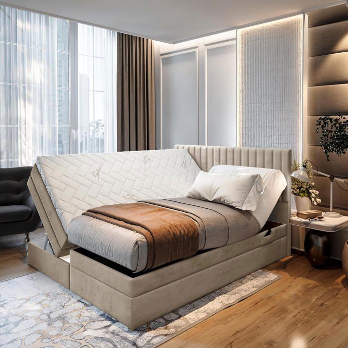 Letto matrimoniale ADÈLE - materasso e base elettrica regolabile - 160x200 cm - velluto beige