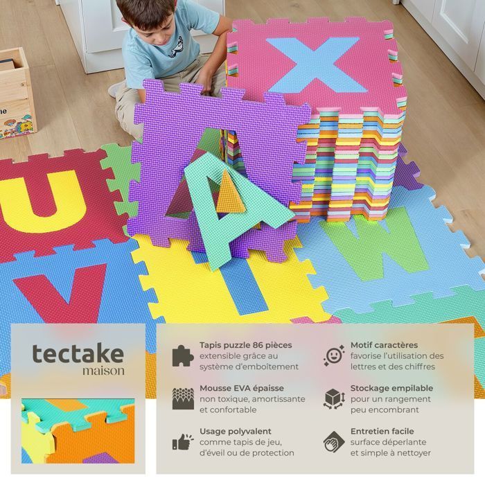 Tapete de juego - TECTAKE - Tapete de puzle de espuma para niños, 86 piezas - 180 cm x 180 cm x 1 cm - Multicolor
