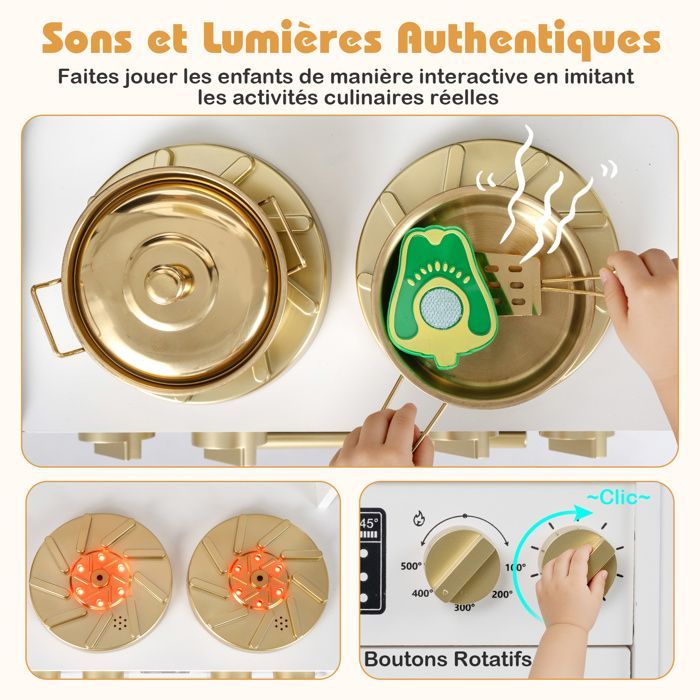 Cuisine Enfant COSTWAY en Bois 3Ans+, 12 Accessoires, Lumières et Sons, avecMachine à Glace, Micro-ondes, Machine à Café Blanc