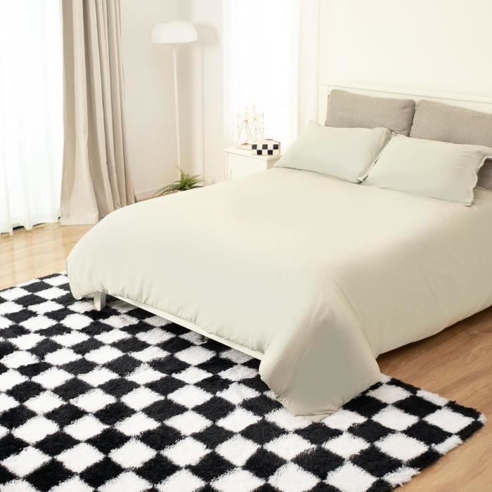 Rugeteppe til stue 160 x 230 cm mykt nattbordsteppe med lang lugg til stue, soverom, sofa, hvit, svart