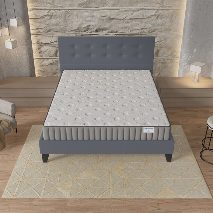 Colchón y cama (140x190cm) - Orionis de 16cm de espuma viscoelástica y espuma de alta densidad + base de láminas estable y cabecero tapizado en gris.