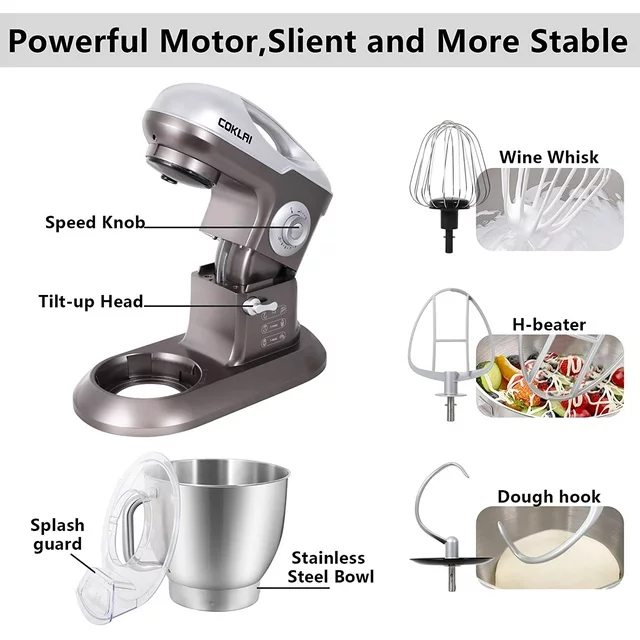 COKLAI Staande Mixer, 10 Snelheden, Kantelbare Kop, 660W, 7,3 QT Elektrische Mixer met Roestvrijstalen Mengkom, Keukenmixer met Deeghaak, Platte Klopper, Garde en Spatbescherming