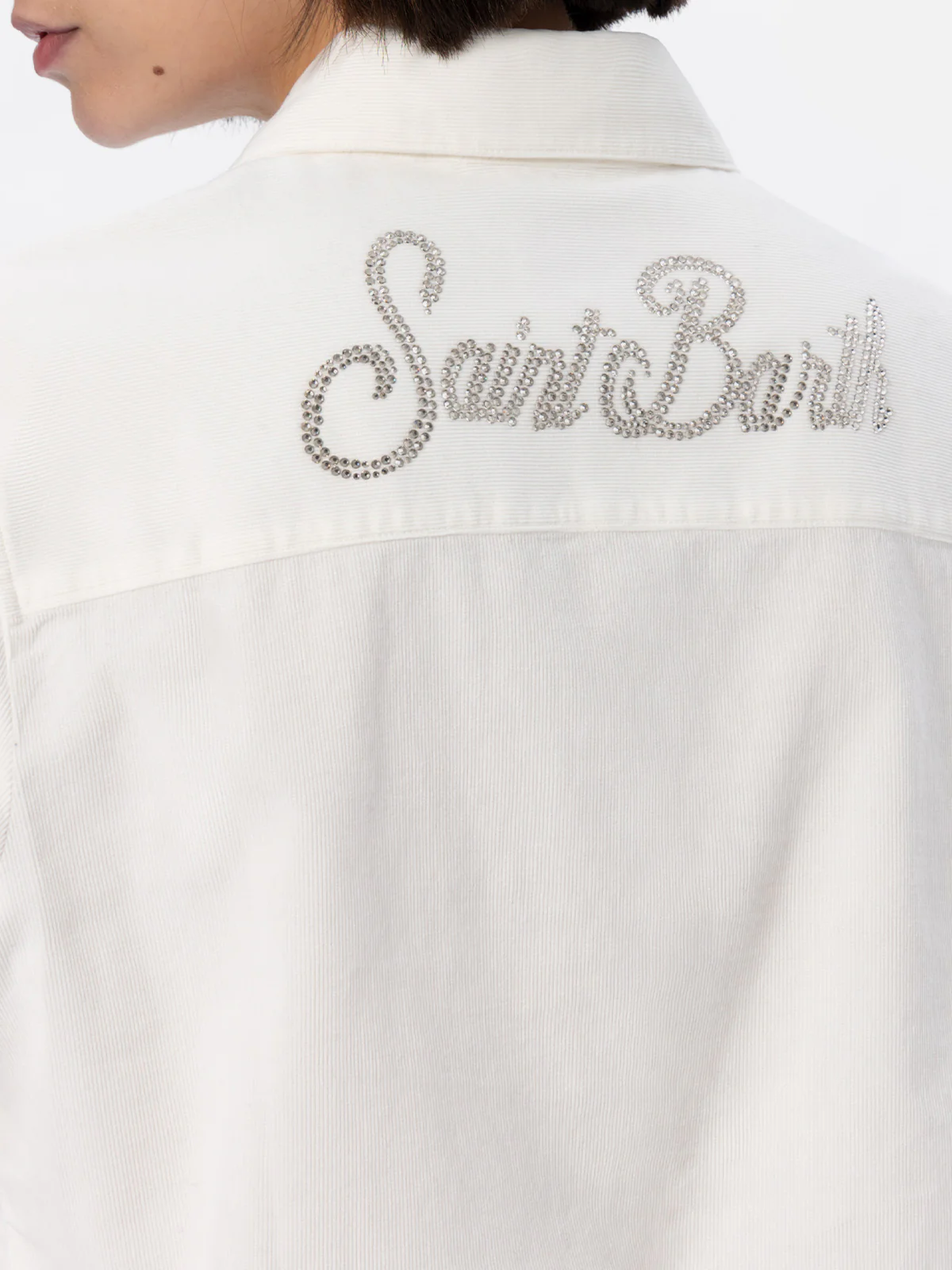 Camisa de pana para mujer color blanco roto con logo en rayas