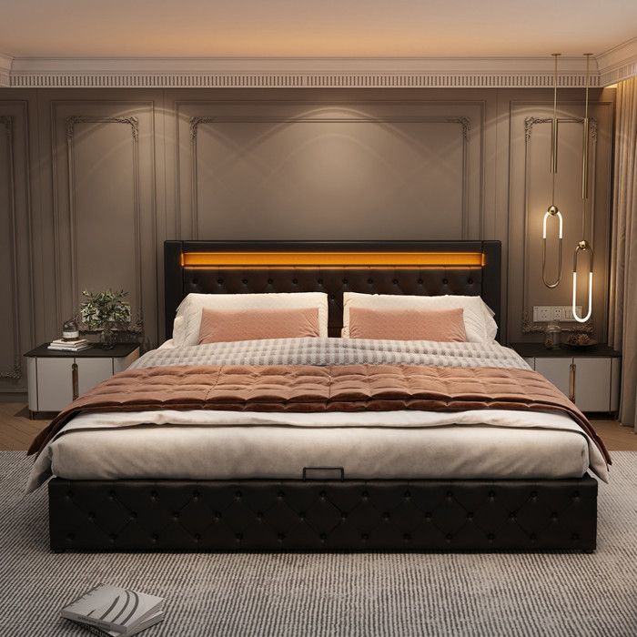 Letto matrimoniale 180x200 cm - PU - Illuminazione a LED - Sistema di contenimento idraulico - 2 posti nero
