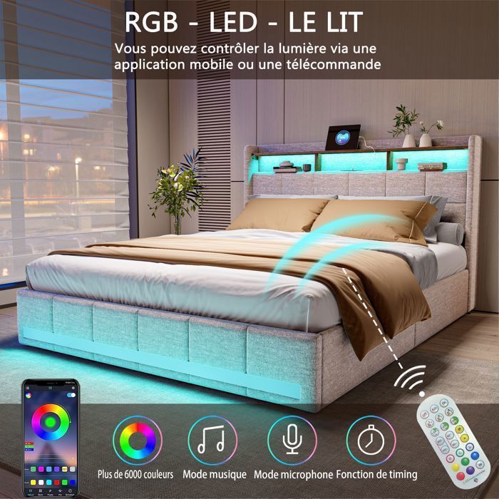 Structure de lit - SUNFECILI - 180x200 cm - 4 tiroirs - USB - LED - Tissu en lin