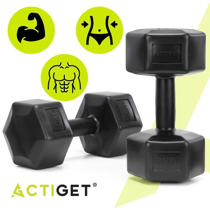ACTIGET 2x10 kg haltères hexagonaux pour exercices de fitness, poids, lot de 2, noir