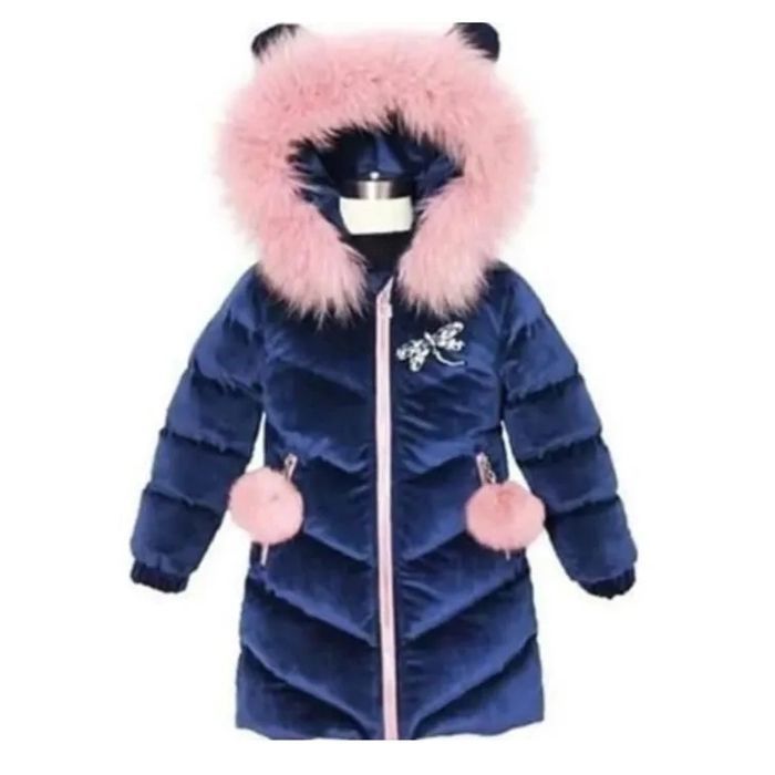 JINDING g10 Abrigo grueso de terciopelo de largo medio para niñas, ideal para invierno y otoño, con capucha de piel, color azul.