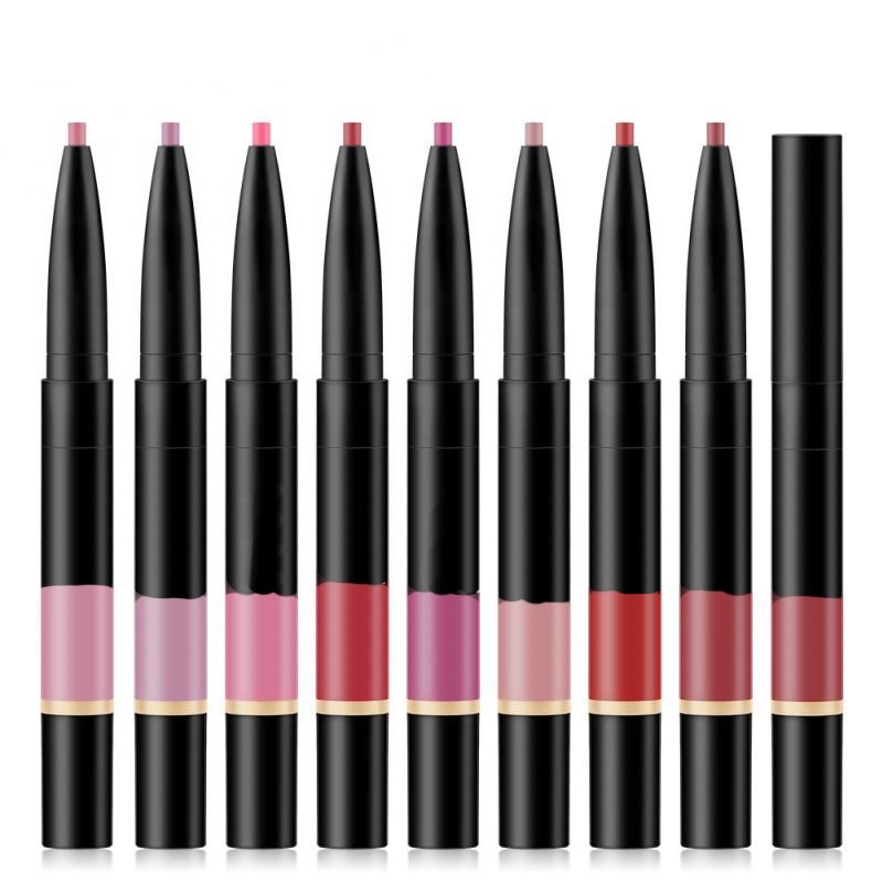 Pencil de glaseado labial de doble punta, brillo labial líquido, lápiz labial mate, no se pega al vaso, doble esmalte labial, pencil de delineado labial TSLM1