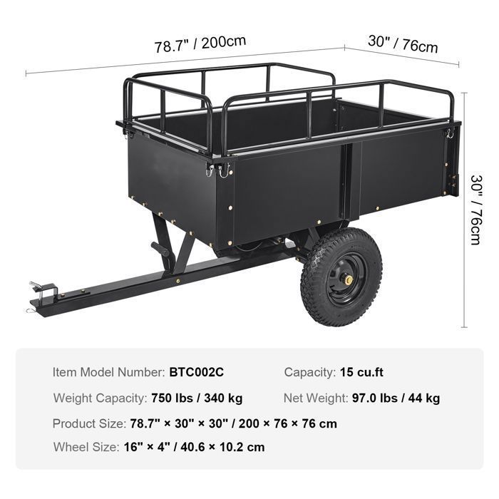 Remolque basculante DUOKU - BTC002C - Capacidad de 340 kg - 15 pies cúbicos - Acero negro