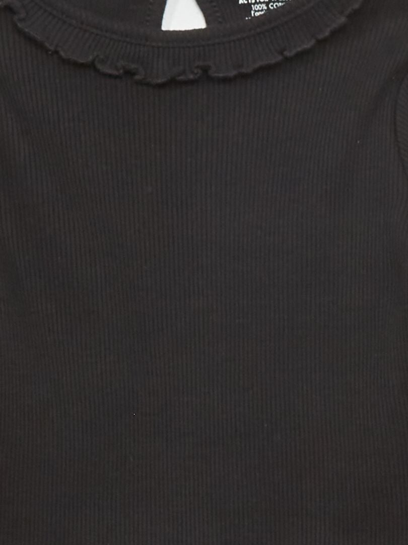 Geribbeld gebreid T-shirt met rucheskraag - Zwart
