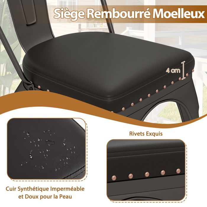 Lot 4 Chaises à Manger Empilables en Métal - COSTWAY - Dossier Amovible - Assise Rembourrée en Cuir Faux - 53 x 44 x 84 cm