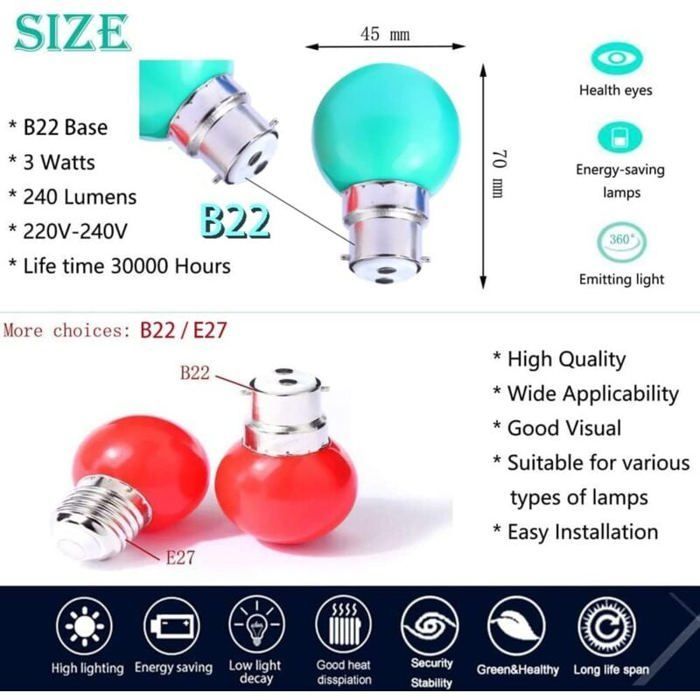 Ampoule LED Couleur B22 3W équivalente 30W 300LM AC 220V B22 Baïonnette Ampoules Guirlande Couleur LED Ampoules- Lot de 40