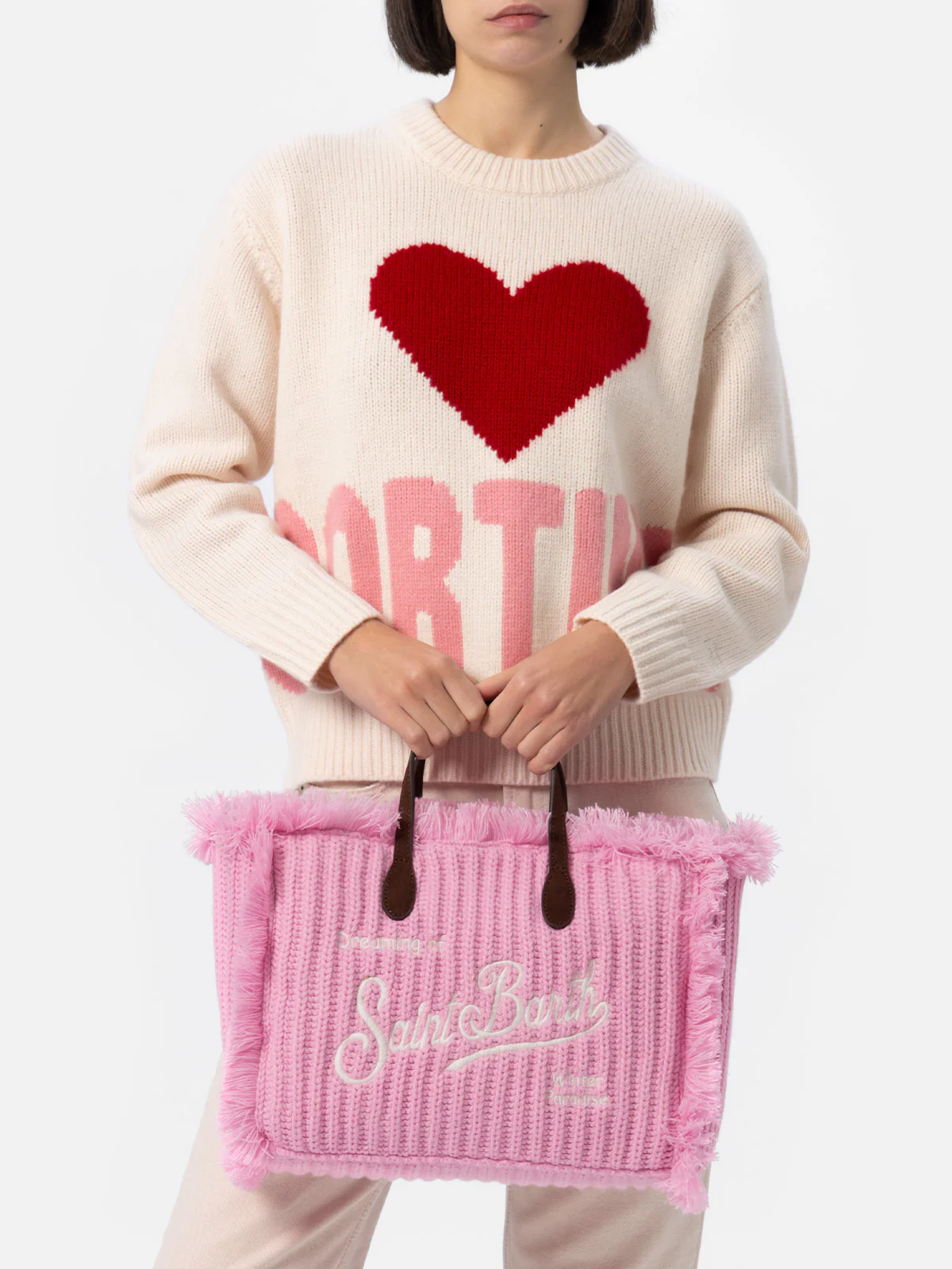 Colette fluwelen winterhandtas | Roze ribgebreid | Geborduurd logo | Binnenklep, rits en binnenvak | Afneembare schouderband | MC2 Saint Barth