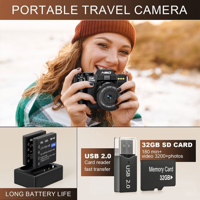 NBD Appareil Photo Numérique 5K pour la Photographie et Le Vlogging, 48 MP/60 FPS avec WiFi et Contrôle par Application